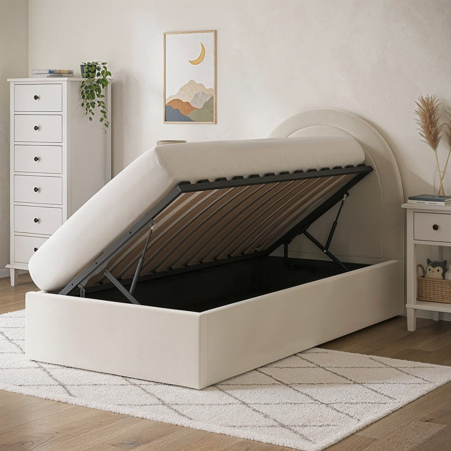 Velvet Single Side Lift Ottoman Bed with Curved Headboard Space-Saving Storage Bed UK