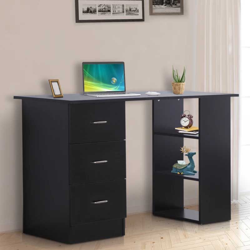 Black Computer Desk with Drawers & 3 Storage Shelves – Modern Home Office Study Desk