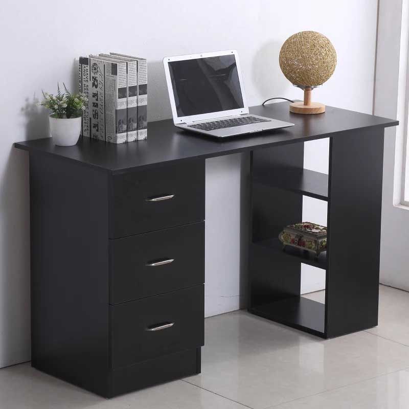 Black Computer Desk with Drawers & 3 Storage Shelves – Modern Home Office Study Desk