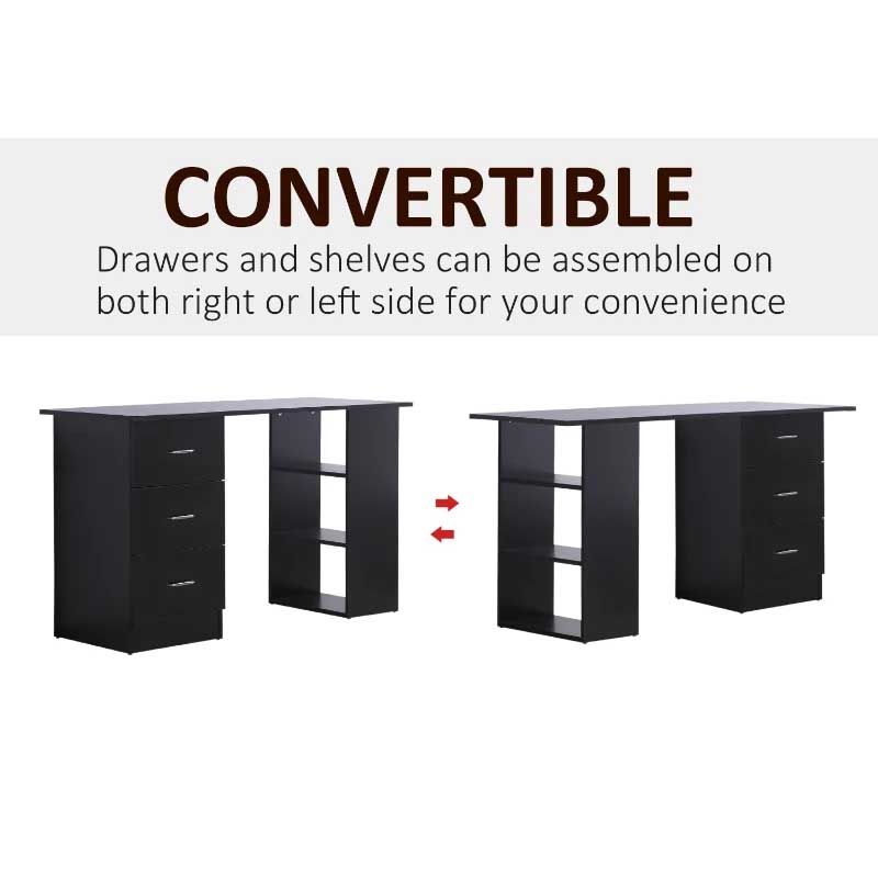 Black Computer Desk with Drawers & 3 Storage Shelves – Modern Home Office Study Desk