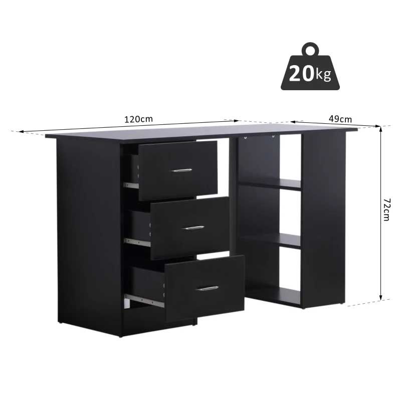 Black Computer Desk with Drawers & 3 Storage Shelves – Modern Home Office Study Desk