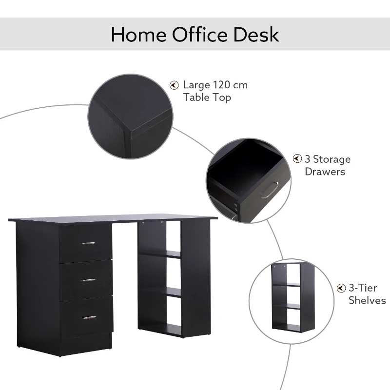 Black Computer Desk with Drawers & 3 Storage Shelves – Modern Home Office Study Desk