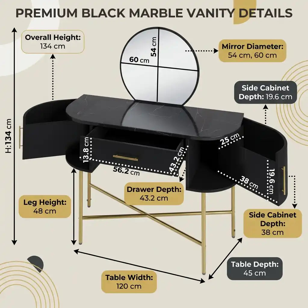 Gigi Black Marble Dressing Table with Mirror and Storage Drawers