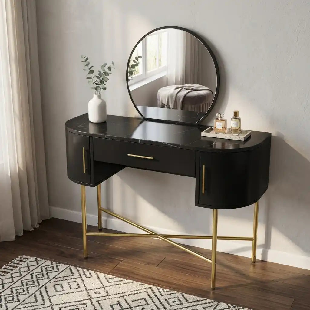 Gigi Black Marble Dressing Table with Mirror and Storage Drawers