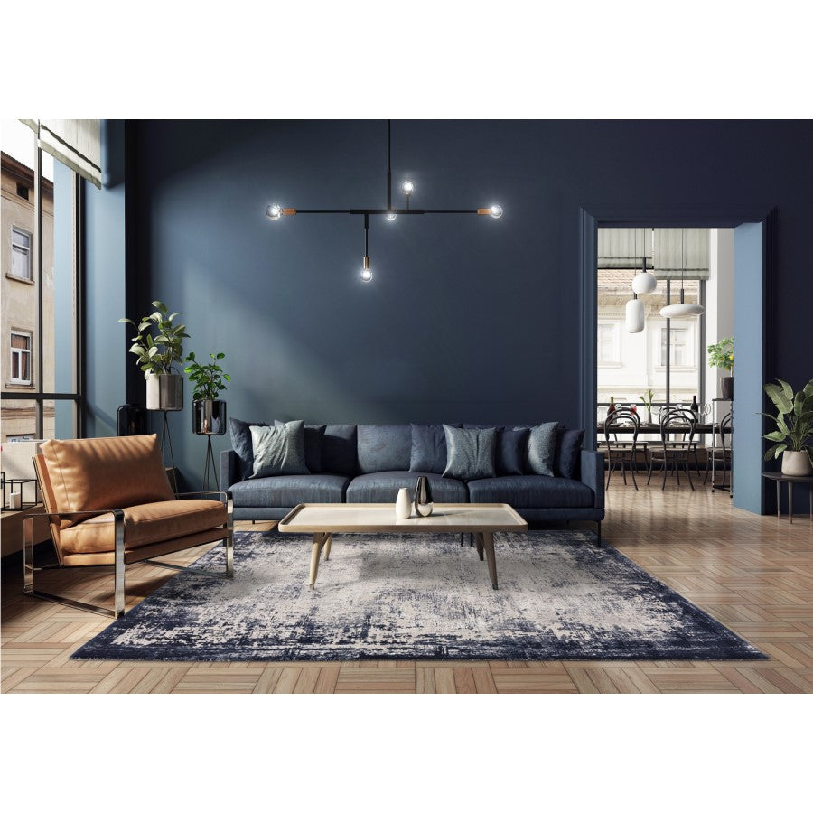 Large Navy Distressed Rug 340 x 240 cm – Modern Border Area Rug for Living Room – Kuza