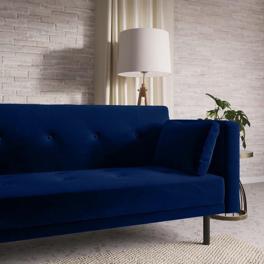 Rory Navy Velvet Click Clack Sofa Bed – 3 Seater Modern Sofa with Cushions – Converts Easily to Bed – Black Legs – Space-Saving Design