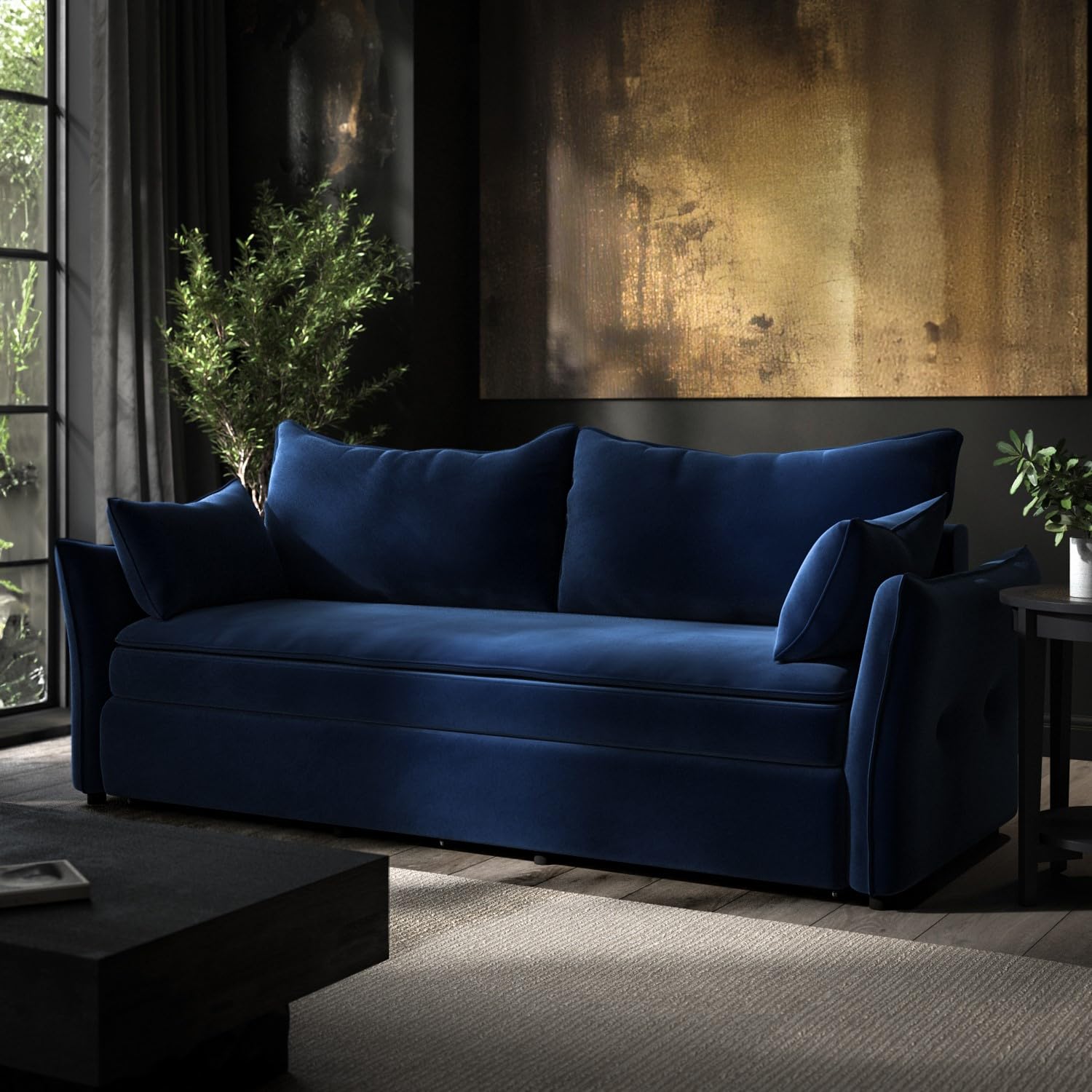 3 Seater Velvet Sofa Bed – Pull-Out Futon with Storage, Memory Foam Mattress & Cushions – Bed Sleeper in Navy and Green – Compact Sofa for Living Room or Guest Room