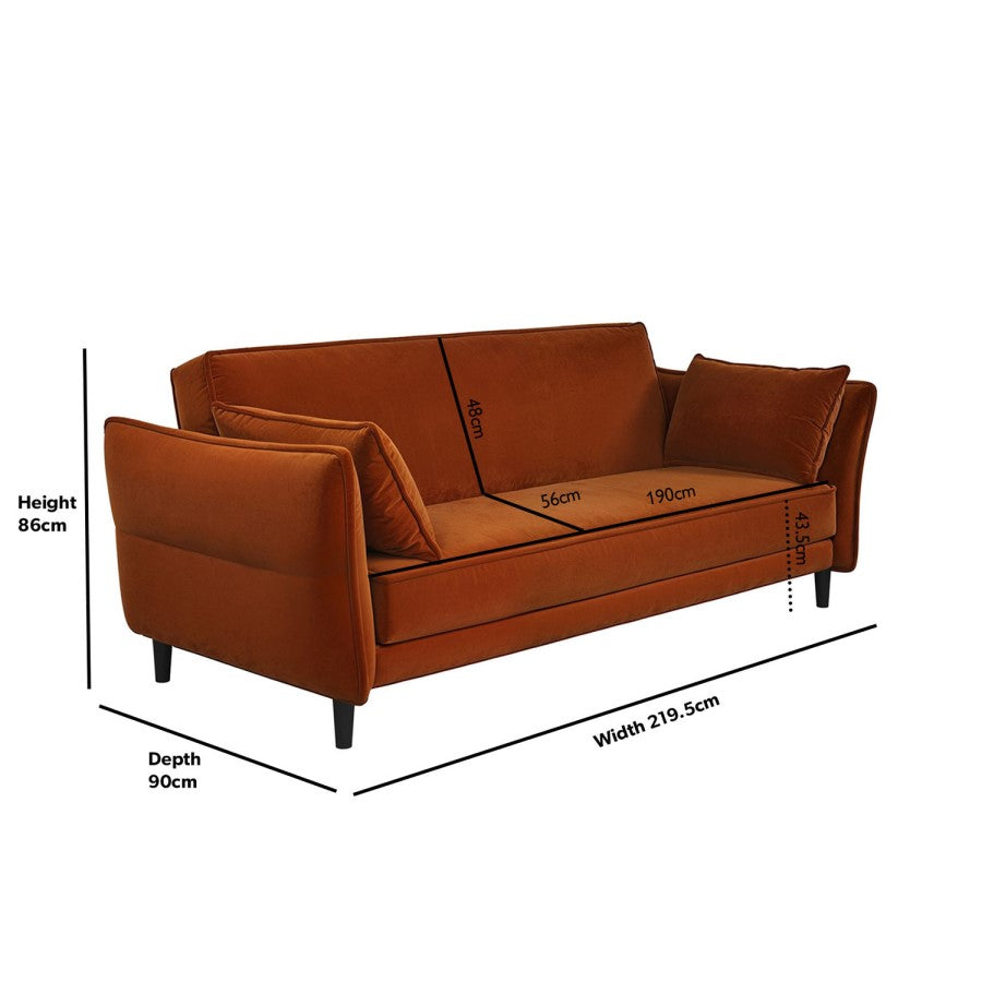 Bobby Burnt Orange Velvet 3 Seater Sofa Bed – Modern Click Clack Sleeper