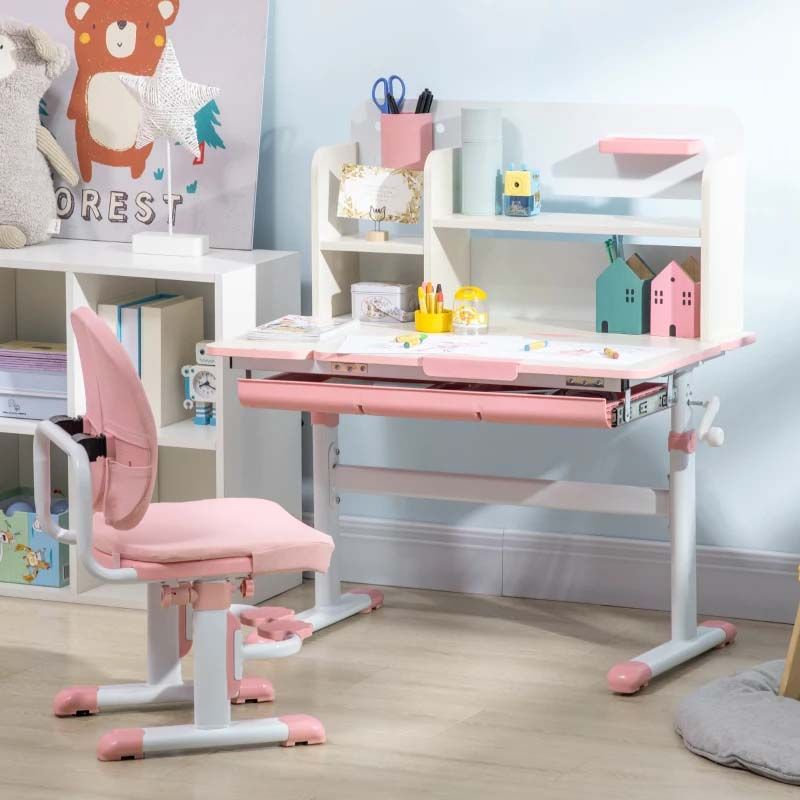 Pink Kids Desk and Chair Set with Adjustable Tabletop – 2 Piece Study Table for Children’s Bedroom or Homework Station