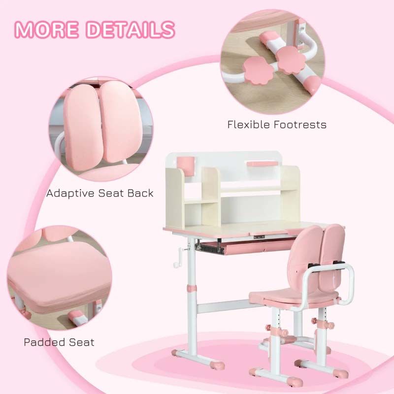 Pink Kids Desk and Chair Set with Adjustable Tabletop – 2 Piece Study Table for Children’s Bedroom or Homework Station