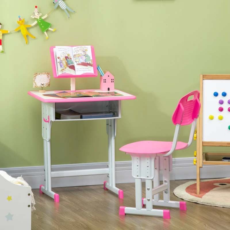Pink Height Adjustable Kids Desk and Chair Set – 2 Piece Study Table for Children’s Bedroom or Homework Station