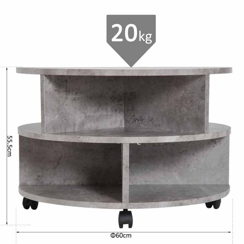 Tier Round Side End Table with Shelves & Wheels  Cement Grey Modern Table UK