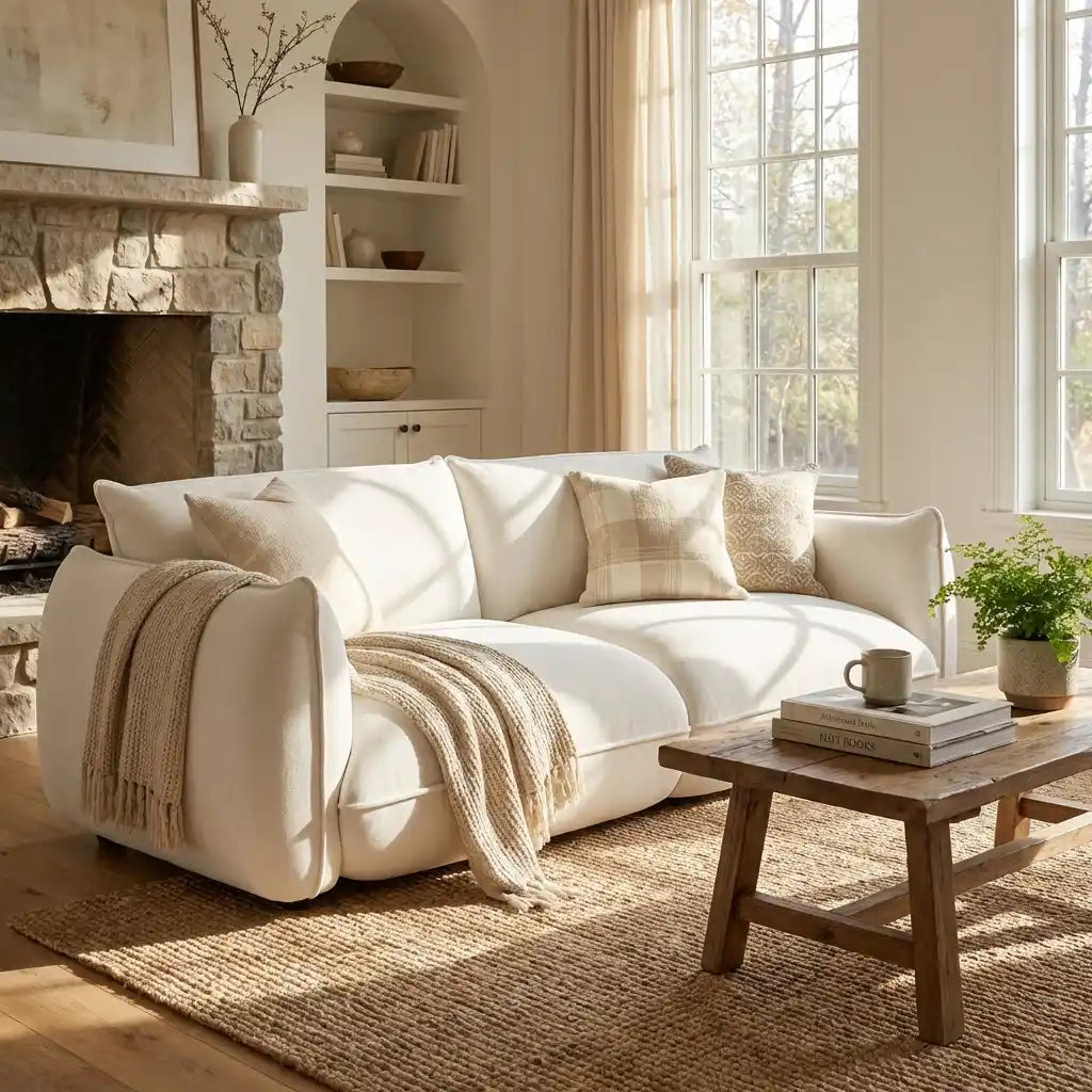 Beige Chenille 3 Seater Sofa – Soft Cloud Comfort Fabric Design
