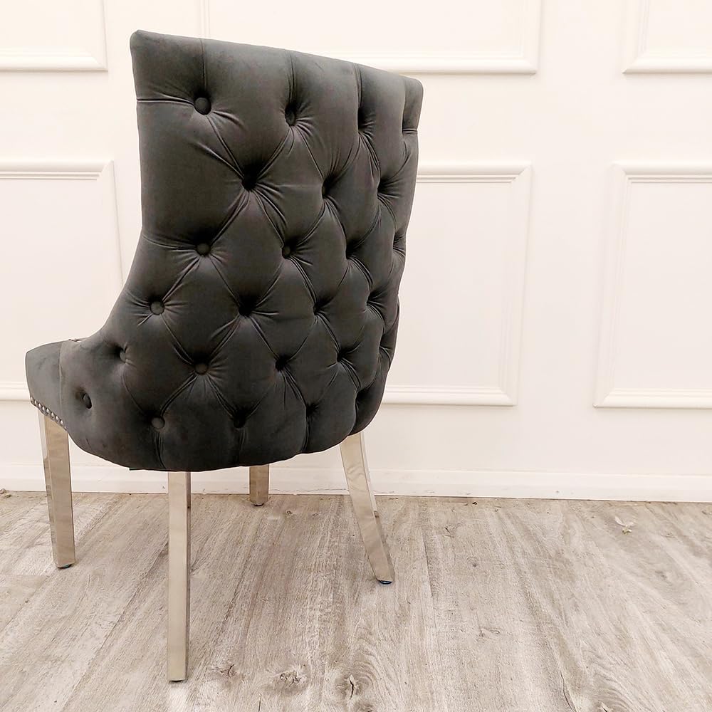 Kensington Velvet Dining Chair Set of 2 – Deep Buttoned Back & Chrome Legs – Modern Upholstered Dining Room Chairs – Studded Velvet Chairs for Dining Table