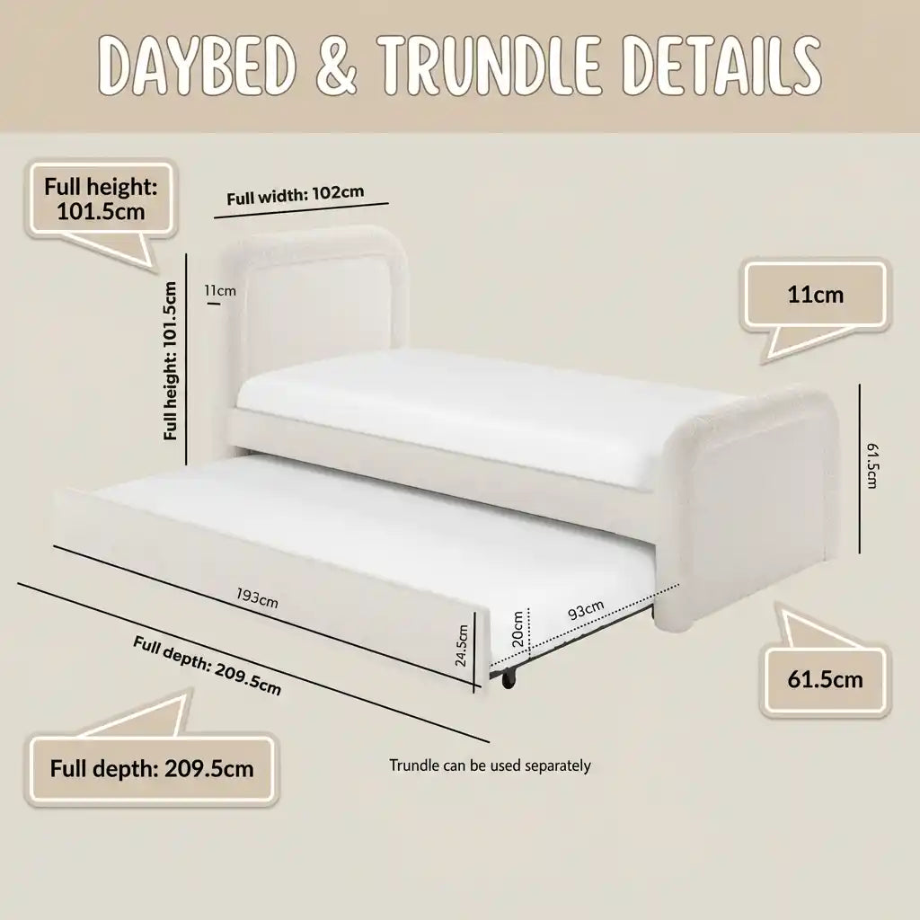 Single Guest Bed with Trundle – Upholstered Day Bed with Curved Headboard, Space Saving Pull Out Bed (CREAM)