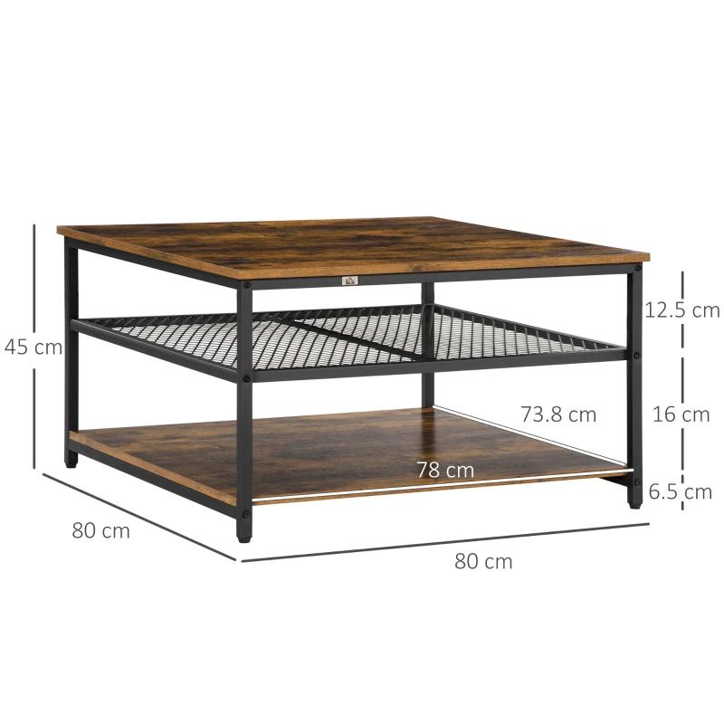 Industrial Square Coffee Table with Storage Shelves – Rustic Brown Wooden Table UK