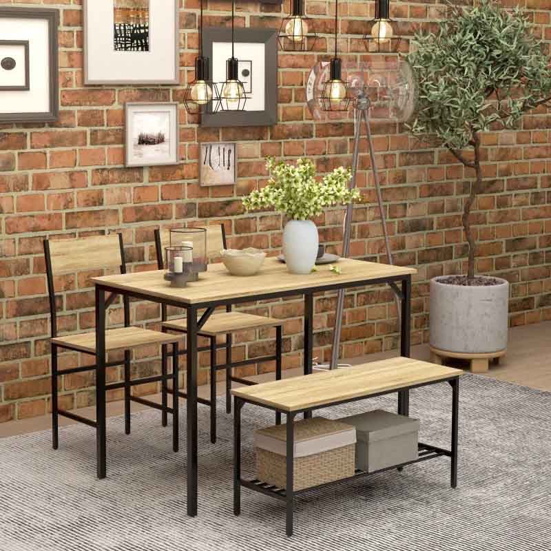 Wooden Dining Table with 2 Chairs & Bench – 1100mm Natural | Compact Family Dining Set UK