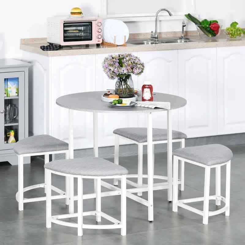 Round Dining Table with 4 Upholstered Stools – 900mm Compact White & Grey Dining Set UK