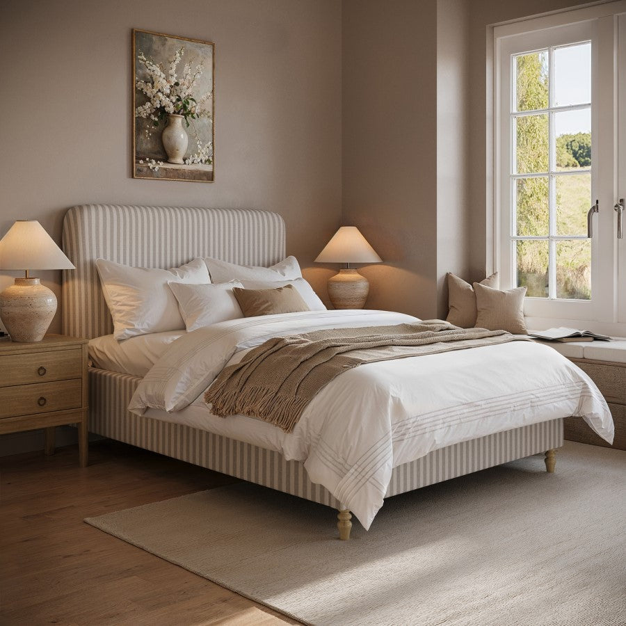 Farrow Double Ottoman Bed in Beige Striped Chenille with Curved Headboard