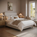 Farrow Double Ottoman Bed in Beige Striped Chenille with Curved Headboard