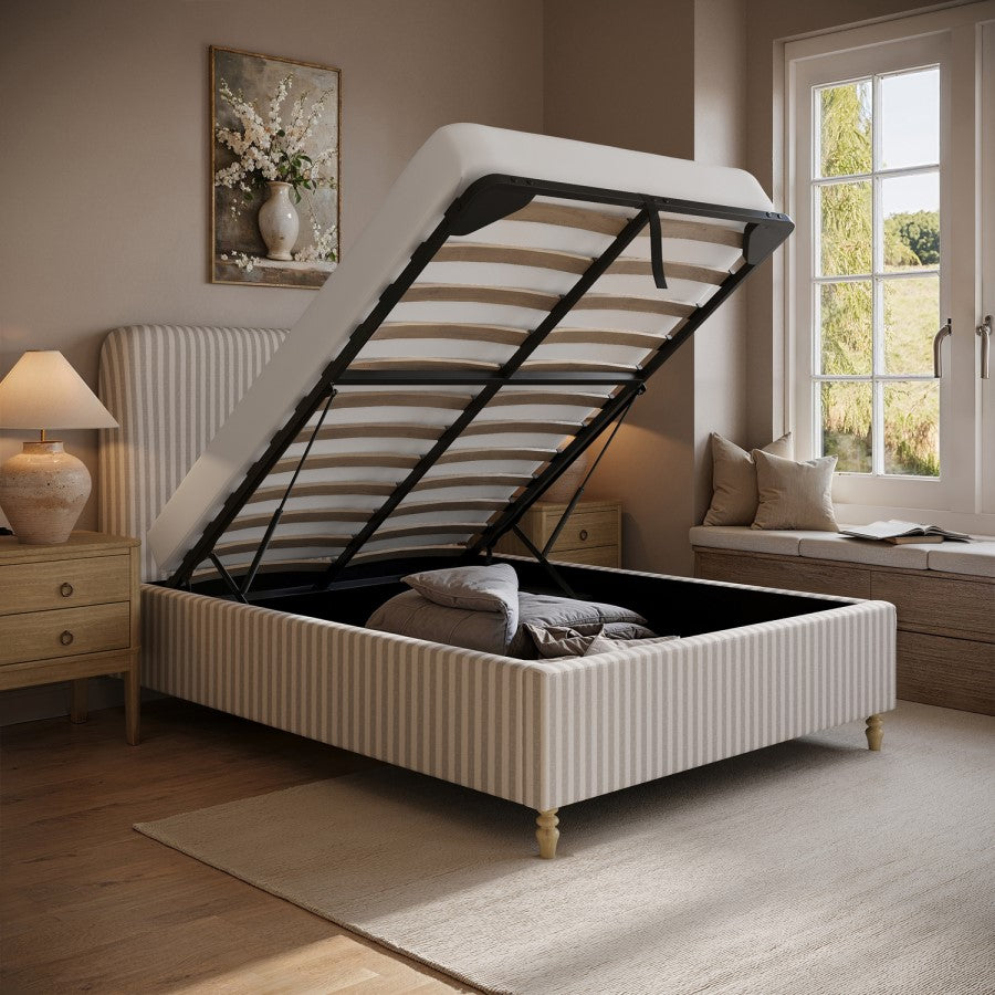 Farrow Double Ottoman Bed in Beige Striped Chenille with Curved Headboard