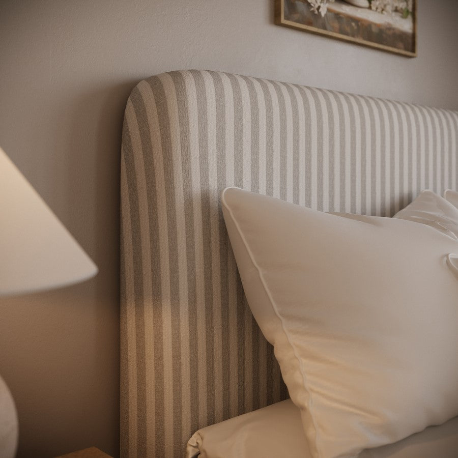 Farrow Double Ottoman Bed in Beige Striped Chenille with Curved Headboard