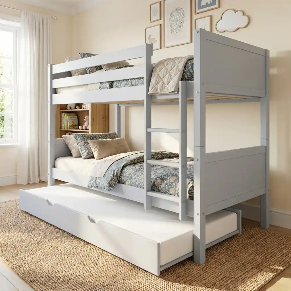 Navy Wooden Bunk Bed with Trundle & Grey Panels – Luca (Detachable Design)