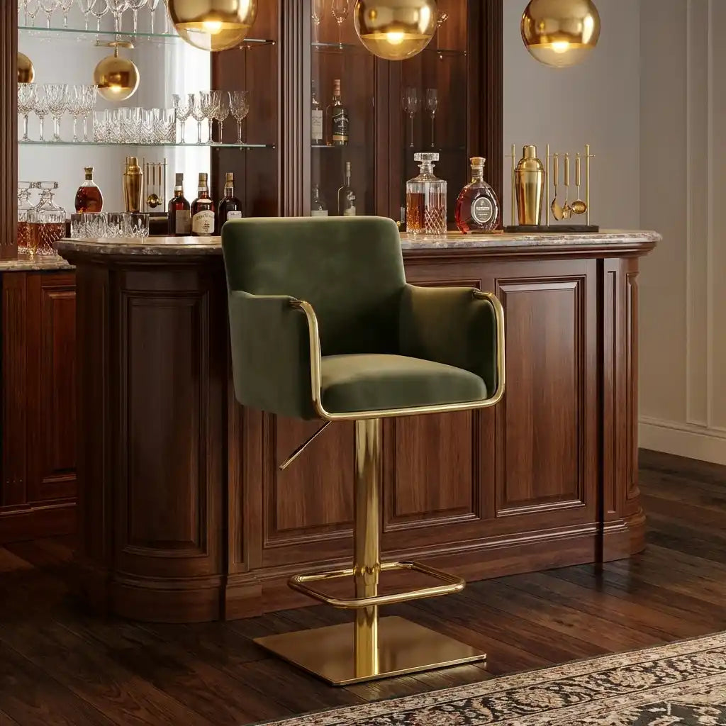 Olive Green Velvet Swivel Bar Stool – Adjustable Breakfast Bar Chair with Gold Base