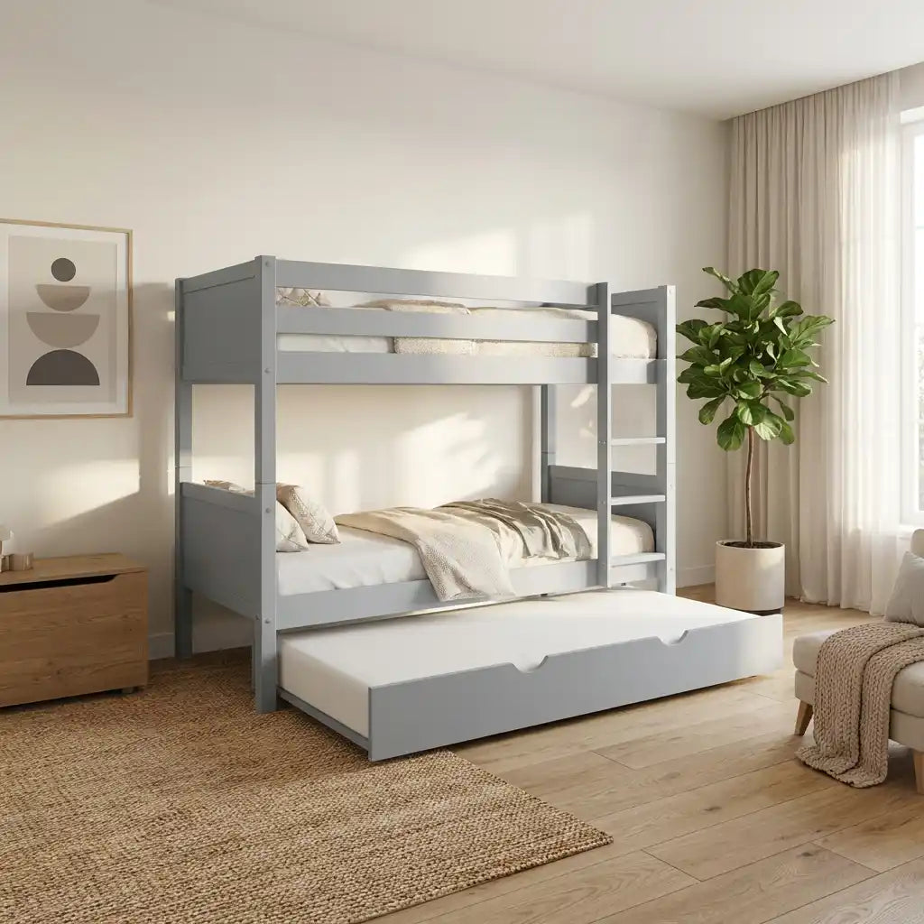 Navy Wooden Bunk Bed with Trundle & Grey Panels – Luca (Detachable Design)
