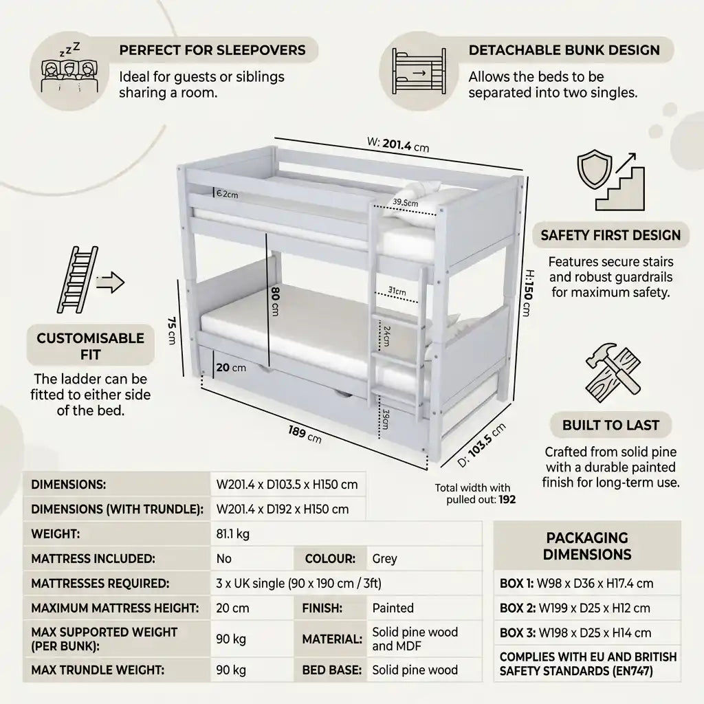 Navy Wooden Bunk Bed with Trundle & Grey Panels – Luca (Detachable Design)