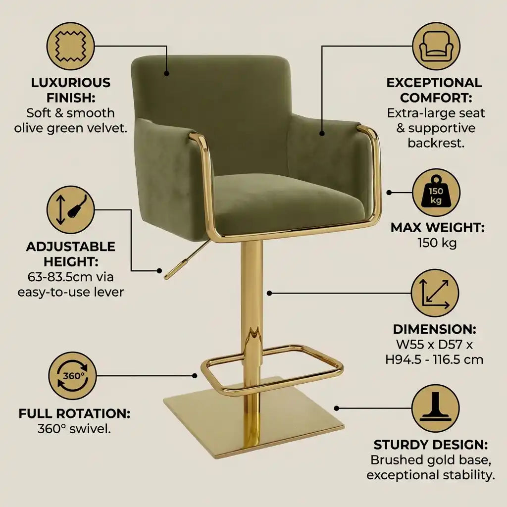 Olive Green Velvet Swivel Bar Stool – Adjustable Breakfast Bar Chair with Gold Base