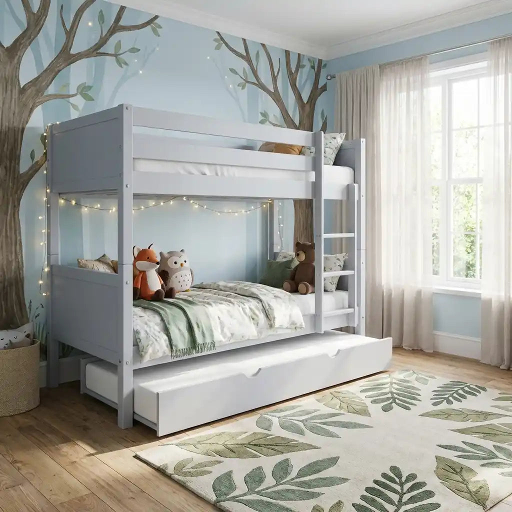 Navy Wooden Bunk Bed with Trundle & Grey Panels – Luca (Detachable Design)