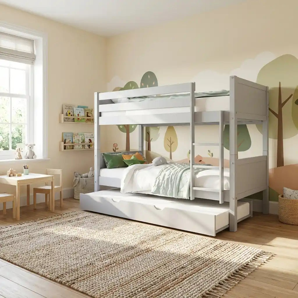 Navy Wooden Bunk Bed with Trundle & Grey Panels – Luca (Detachable Design)