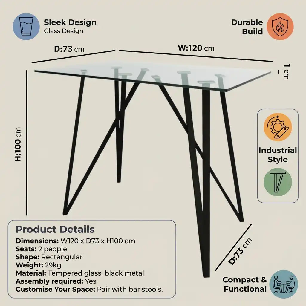 Small Glass Breakfast Bar Table with Black Metal Legs – Compact Kitchen Dining Table