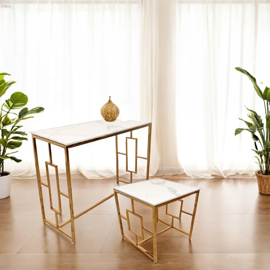 Geo Gold Console Table & Pair of Side Tables – Slim Hallway Console & Small Side Lamp Tables with White Sintered Stone Tops