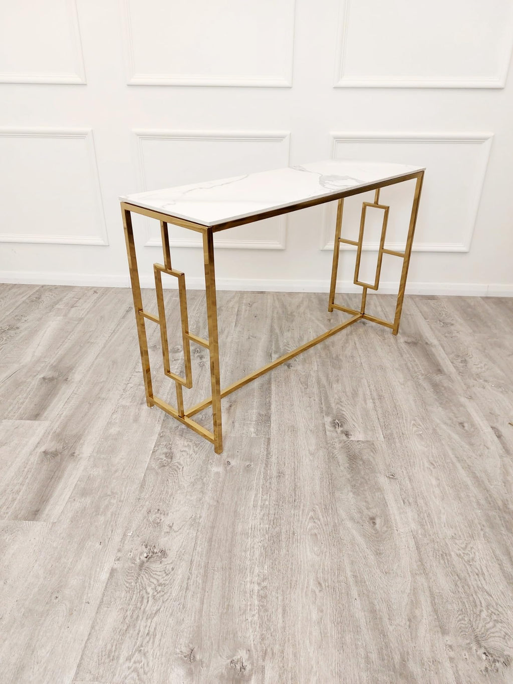 Geo Gold Console Table & Pair of Side Tables – Slim Hallway Console & Small Side Lamp Tables with White Sintered Stone Tops