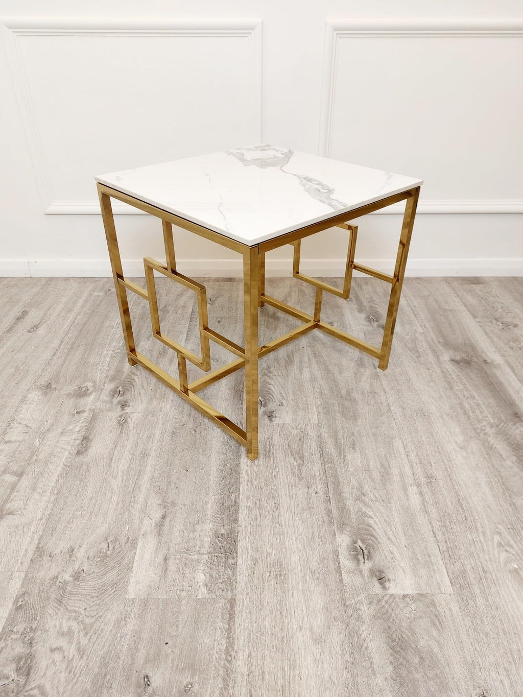 Geo Gold Console Table & Pair of Side Tables – Slim Hallway Console & Small Side Lamp Tables with White Sintered Stone Tops
