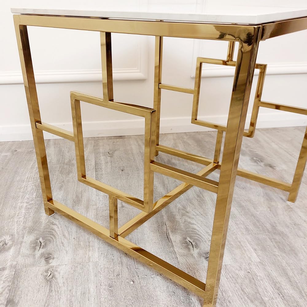 Geo Gold Console Table & Pair of Side Tables – Slim Hallway Console & Small Side Lamp Tables with White Sintered Stone Tops