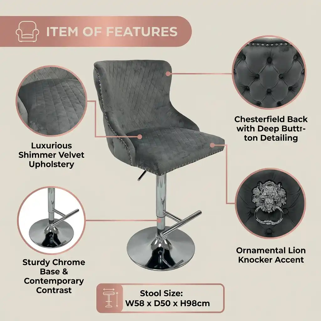 Lewis Velvet Bar Stool with Lion Knocker – Chesterfield Buttoned Bar Chair for Kitchen Island & Breakfast Bar Pair of 2 Stools (Dark Grey)