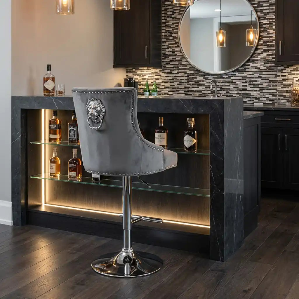 Chelsea Dark Grey Velvet Bar Stool with Chrome Base – Kitchen Breakfast Bar Stool with Lion Head or Ring Knocker Back Pair of 2 (Lionhead Knocker)