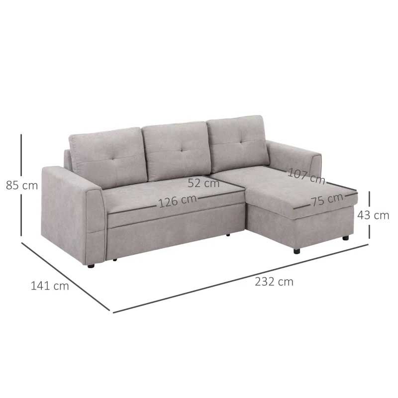 Light Grey 3 Seater L-Shaped Sofa Bed with Storage – Modern Corner Sofa for Living Room