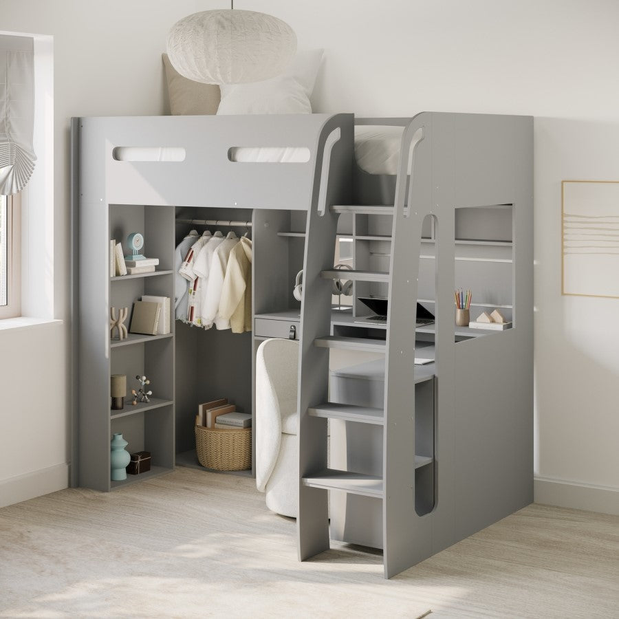 Grey High Sleeper Bed with Desk and Wardrobe – Modern Space Saving Loft Bed