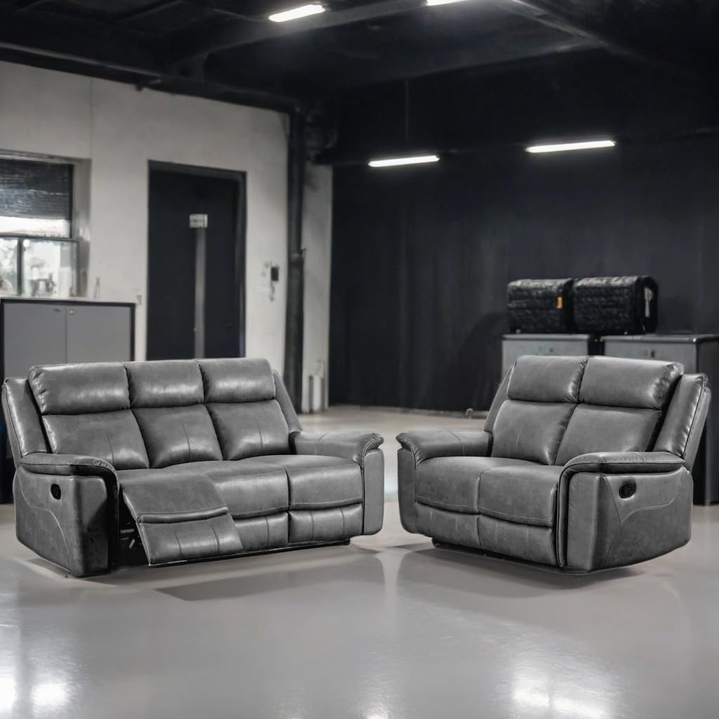 Toronto 3+2 Seater Reclining Leather Sofa Set – Manual Recliners – Leathaire Upholstery – Padded Arms – Living Room Sofas