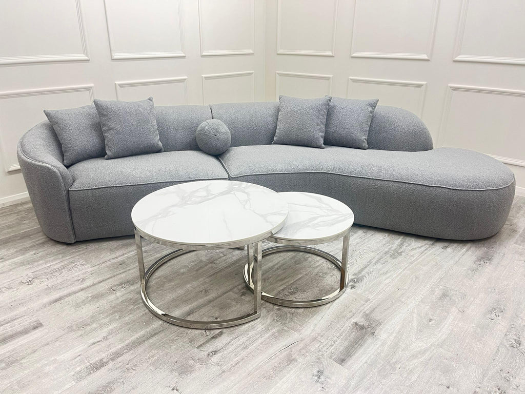 Pebble 3 Seater Boucle Sofa in Grey – Modern Curved Sofa for Living Room, Stylish Textured Fabric Couch for Comfort & Elegance
