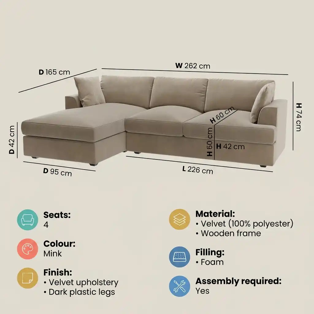 Mink Velvet 4 Seater Left Hand Chaise Corner Sofa