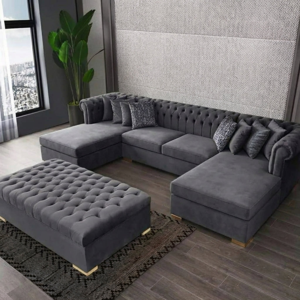 Grey Soft Velvet Chesterfield U-Shaped Corner Sofa – 6ft x 12ft x 6ft Luxury Deep Buttoned Modular Sofa Set