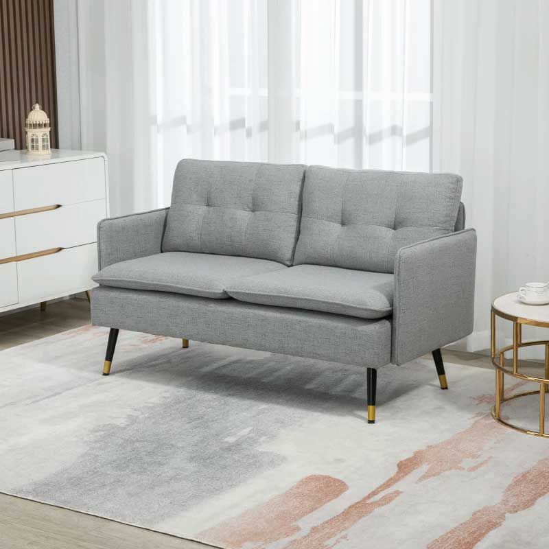 Button Tufted 2 Seater Sofa  Grey  Modern Compact Living Room Sofa UK
