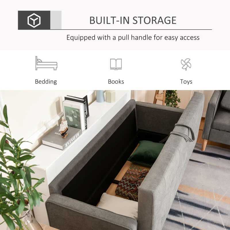 Modern Grey 3 Seater Sofa with Button Tufted Design & Hidden Storage – Space Saving Living Room Furniture UK