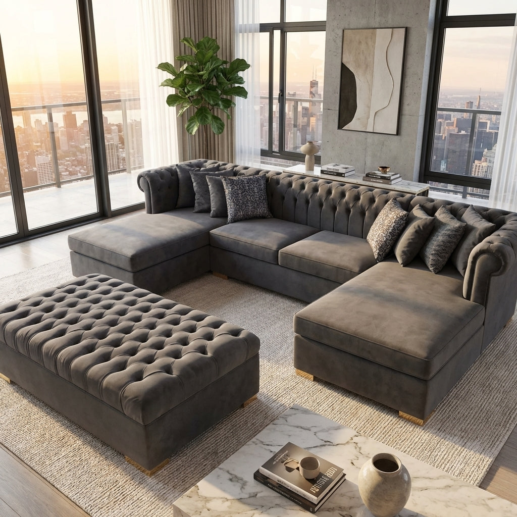 Grey Soft Velvet Chesterfield U-Shaped Corner Sofa – 6ft x 12ft x 6ft Luxury Deep Buttoned Modular Sofa Set