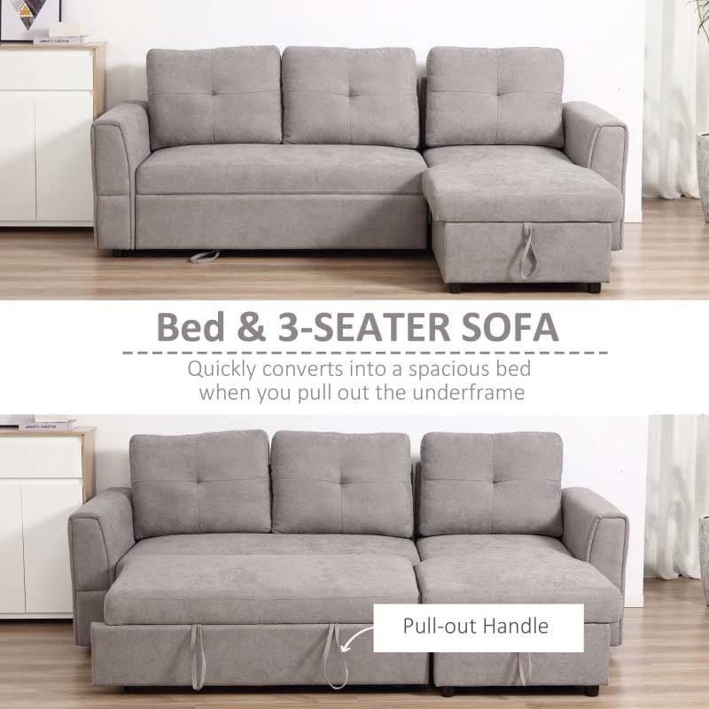 Light Grey 3 Seater L-Shaped Sofa Bed with Storage – Modern Corner Sofa for Living Room